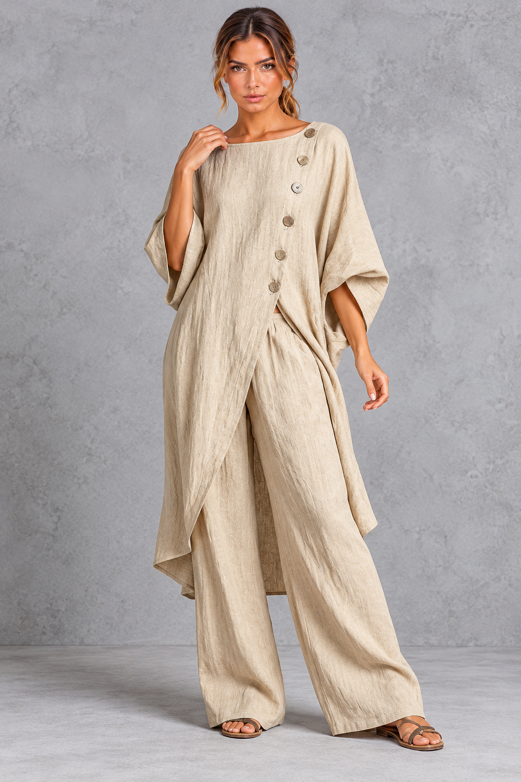Women's khaki batwing sleeve tunic and wide leg trouser set – front view