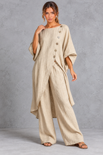 Women's khaki batwing sleeve tunic and wide leg trouser set – front view