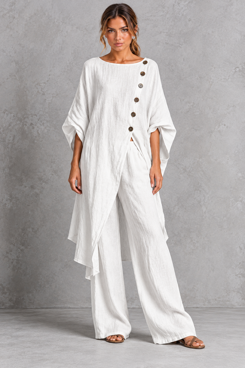 Women's white batwing sleeve tunic and wide leg trouser set – front view