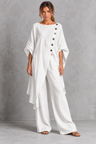 Women's white batwing sleeve tunic and wide leg trouser set – front view
