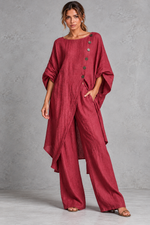Women's red batwing sleeve tunic and wide leg trouser set – front view