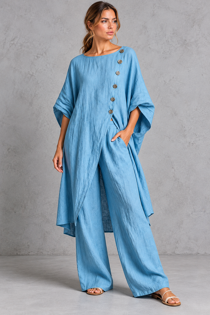 Women's blue batwing sleeve tunic and wide leg trouser set – front view