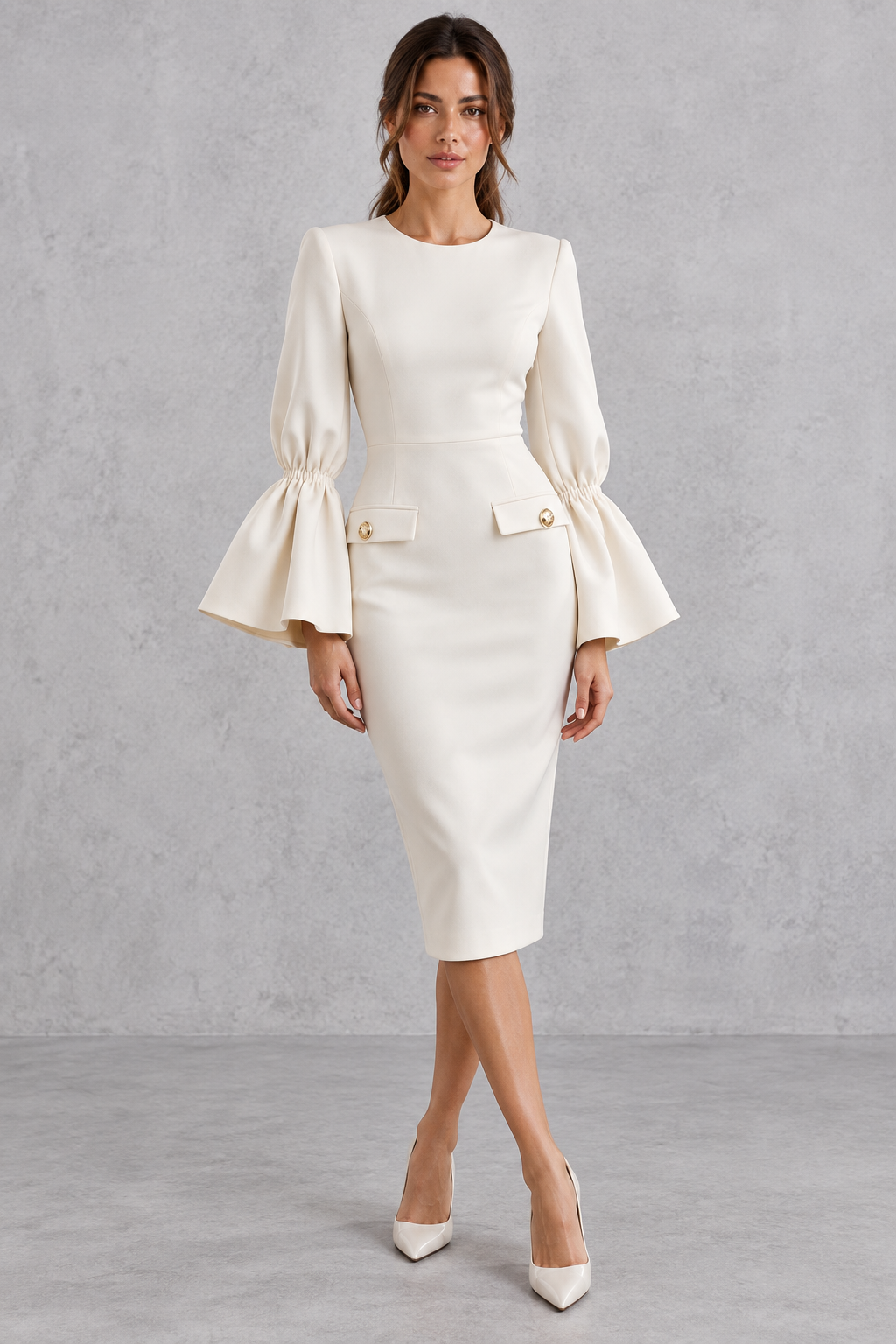 Women’s bodycon midi pencil dress with a classic round neckline, statement bell sleeves and a sleek fitted silhouette.