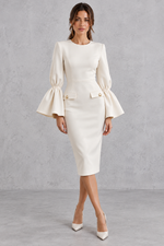 Women’s bodycon midi pencil dress with a classic round neckline, statement bell sleeves and a sleek fitted silhouette.