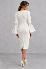 Women’s bodycon midi pencil dress with a classic round neckline, statement bell sleeves and a sleek fitted silhouette.