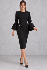 Women’s bodycon midi pencil dress with a classic round neckline, statement bell sleeves and a sleek fitted silhouette.