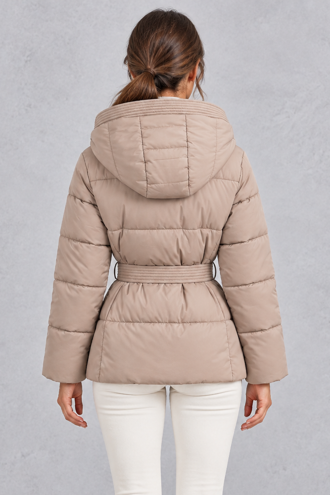 Women’s belted hooded quilted puffer jacket with warm padding, a high neckline, adjustable tie waist and practical side pockets.