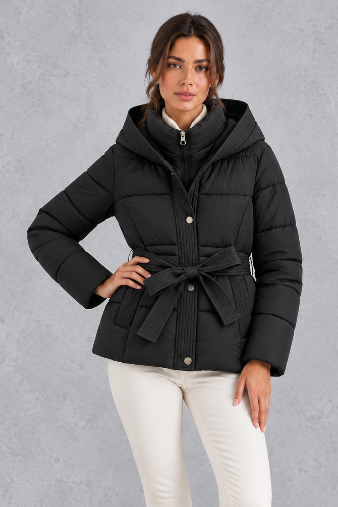 Women’s belted hooded quilted puffer jacket with warm padding, a high neckline, adjustable tie waist and practical side pockets.