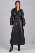 Women's Faux Leather Maxi Trench Coat – Black