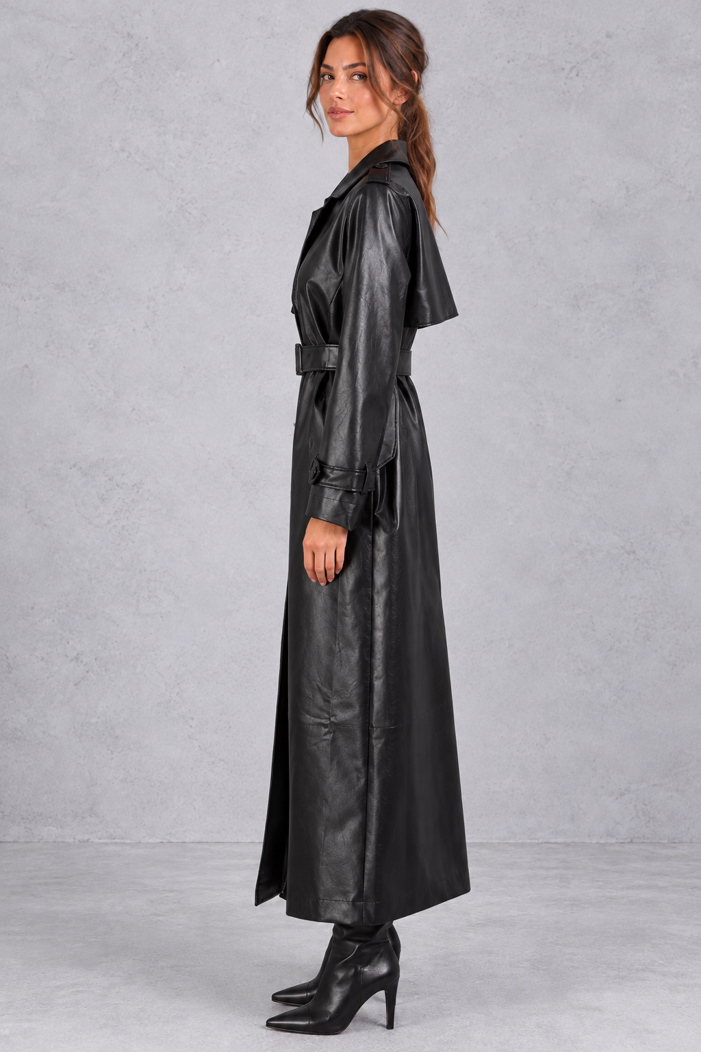 Women's Faux Leather Maxi Trench Coat – Black