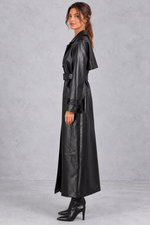 Women's Faux Leather Maxi Trench Coat – Black