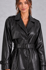 Women's Faux Leather Maxi Trench Coat – Black