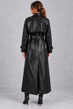 Women's Faux Leather Maxi Trench Coat – Black