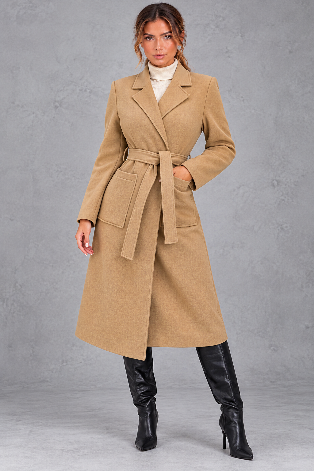 Women's Belted Long Coat – Notched Lapels & Front Patch Pockets – Camel – front view