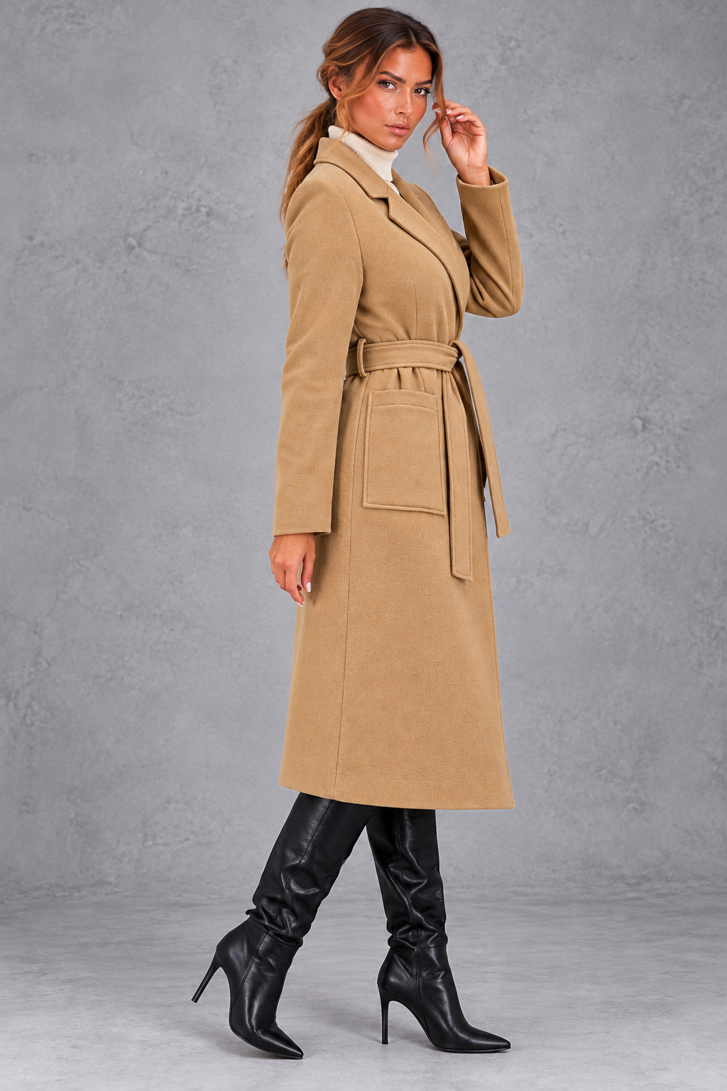 Women's Belted Long Coat – Notched Lapels & Front Patch Pockets – Camel – side view