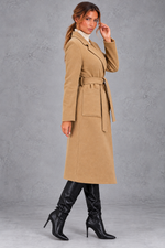 Women's Belted Long Coat – Notched Lapels & Front Patch Pockets – Camel – side view