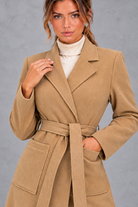 Women's Belted Long Coat – Notched Lapels & Front Patch Pockets – Camel – detail view