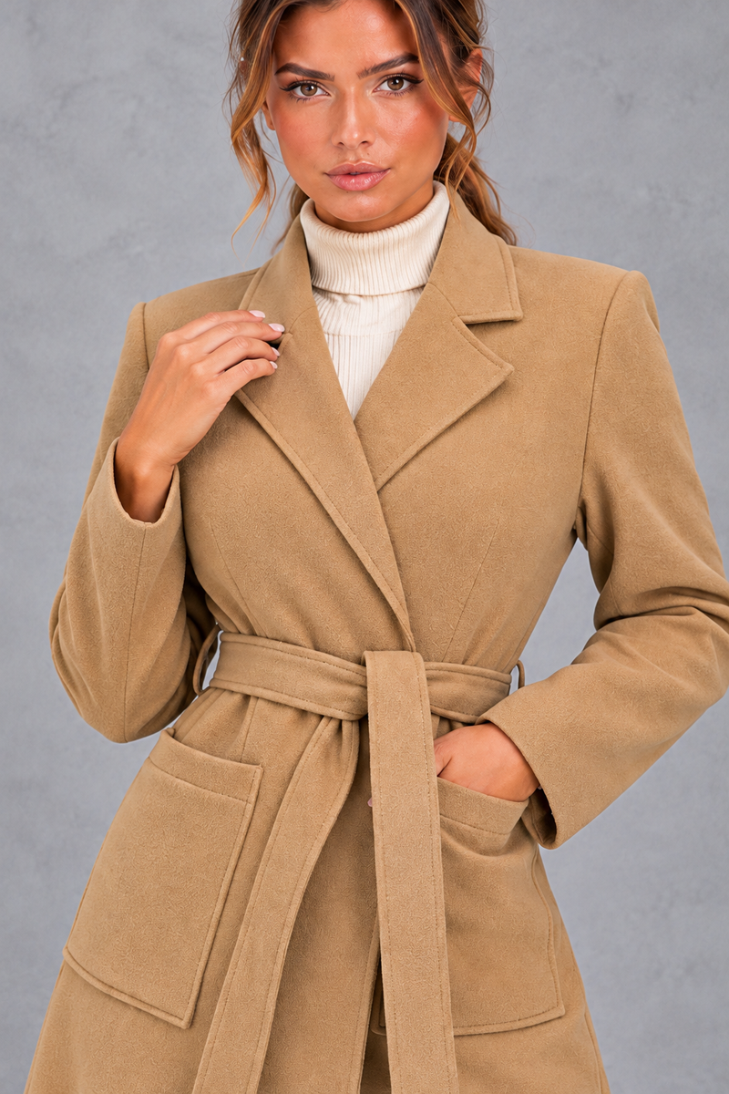 Women's Belted Long Coat – Notched Lapels & Front Patch Pockets – Camel – detail view