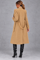 Women's Belted Long Coat – Notched Lapels & Front Patch Pockets – Camel – back view