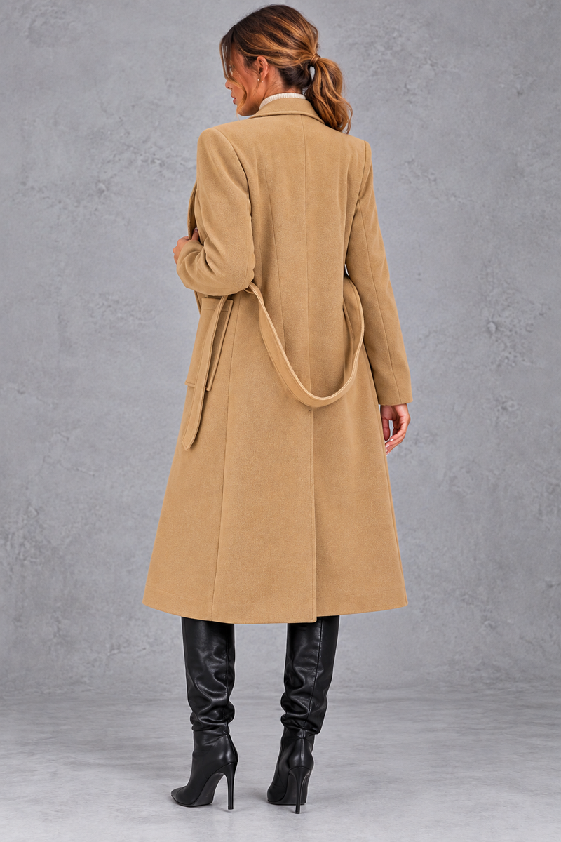 Women's Belted Long Coat – Notched Lapels & Front Patch Pockets – Camel – back view