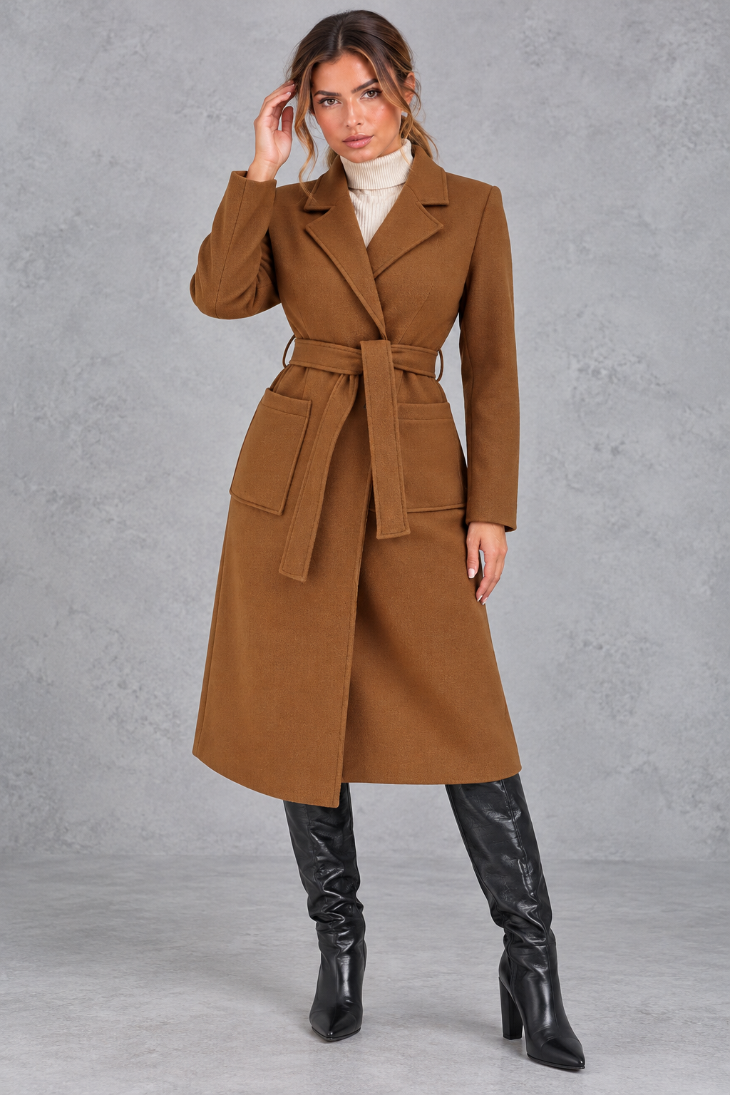 Women's Belted Long Coat – Notched Lapels & Front Patch Pockets – Brown – front view