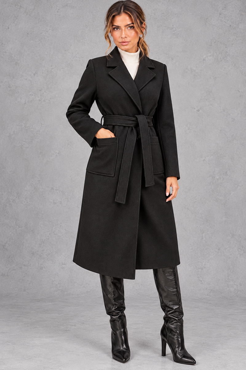 Women's Belted Long Coat – Notched Lapels & Front Patch Pockets – Black – front view