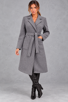 Women's Belted Long Coat – Notched Lapels & Front Patch Pockets – Grey – front view