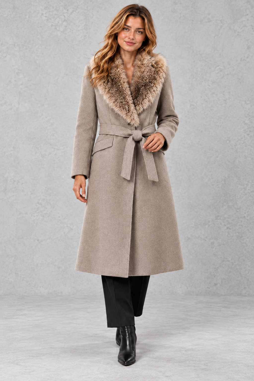 Women's Belted Midi Coat in Taupe – front view