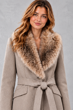 Women's Belted Midi Coat in Taupe – close-up