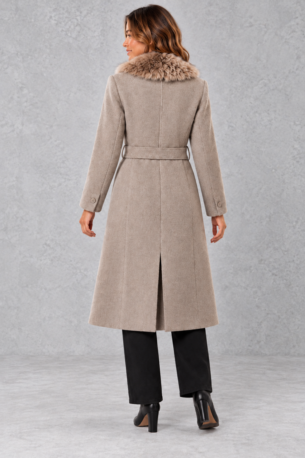 Women's Belted Midi Coat in Taupe – back view