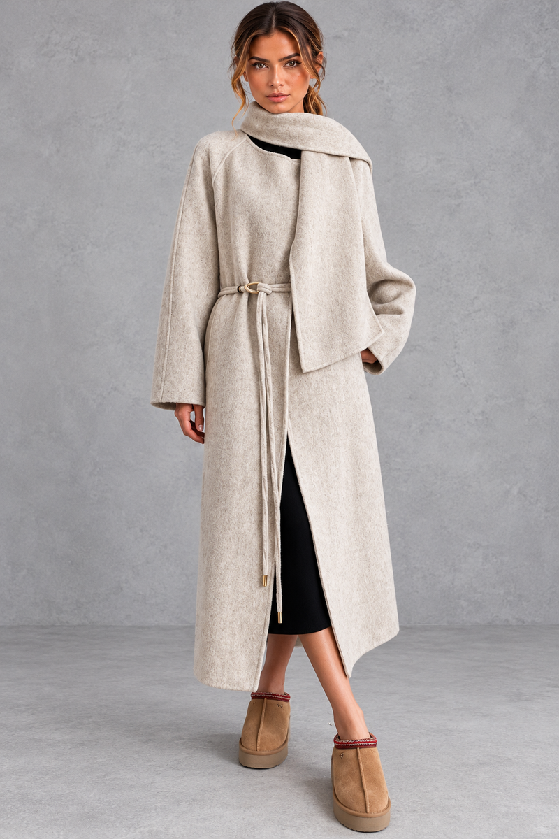 Women's belted wrap coat in Oatmeal – front view