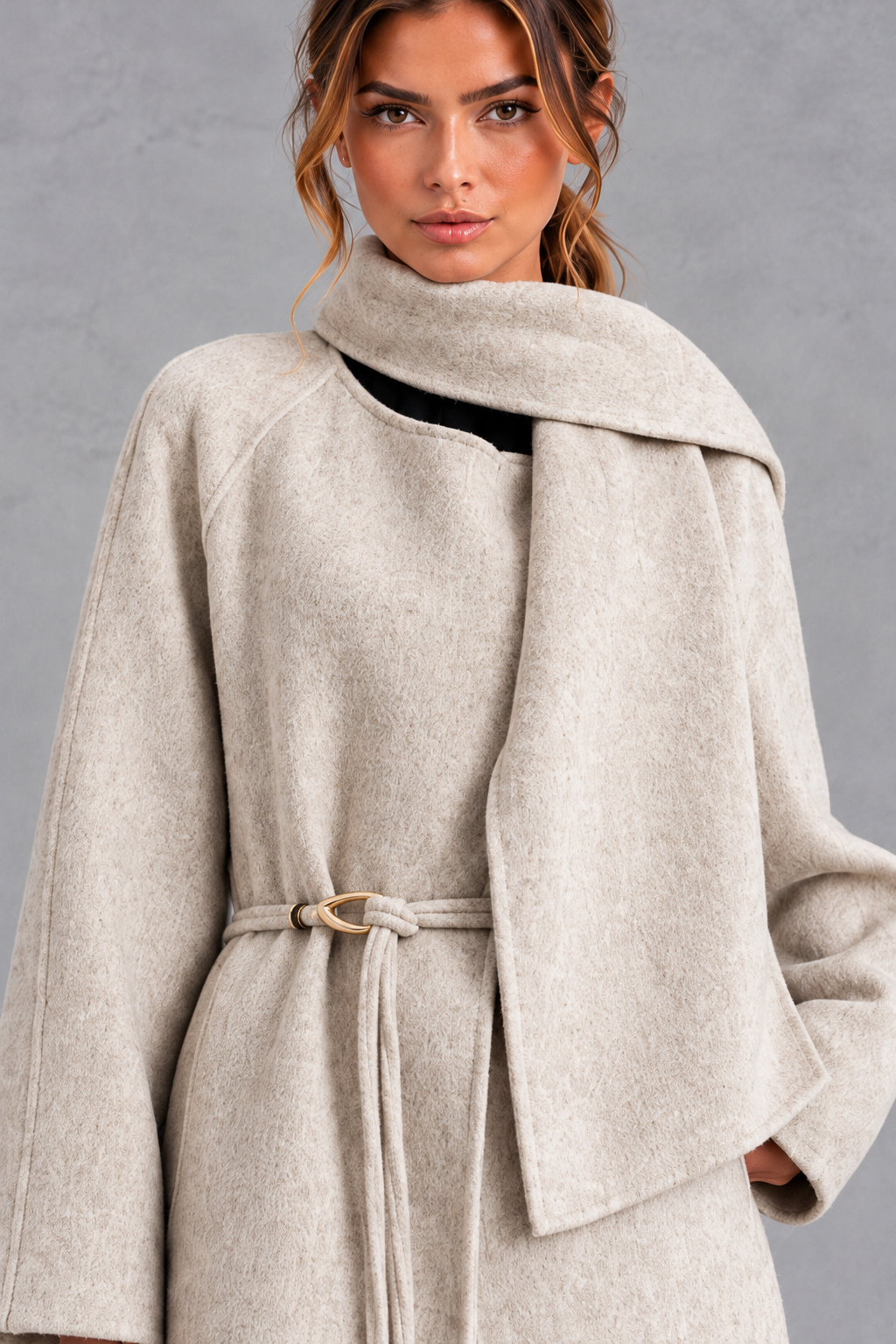 Women's belted wrap coat in Oatmeal – close-up view