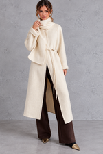 Women's belted wrap coat in Cream – front view