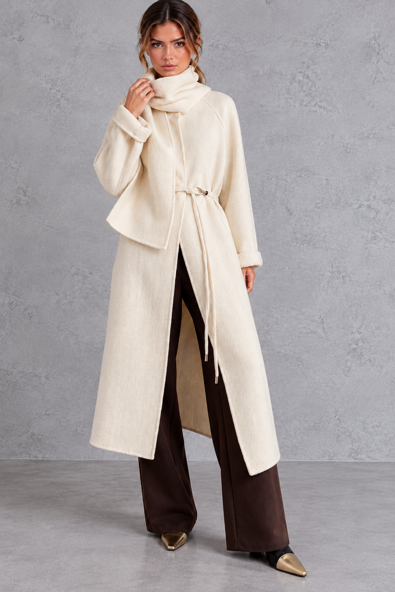 Women's belted wrap coat in Cream – front view