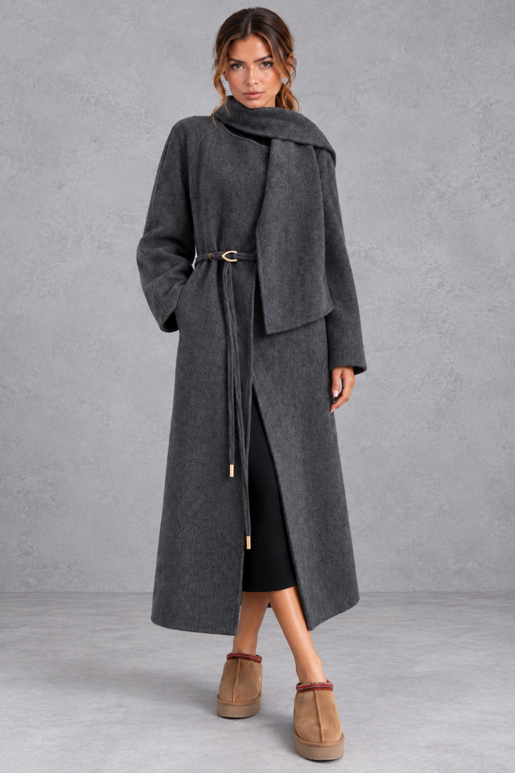 Women's belted wrap coat in Dark Grey – front view