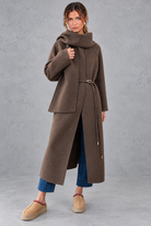 Women's belted wrap coat in Brown – front view