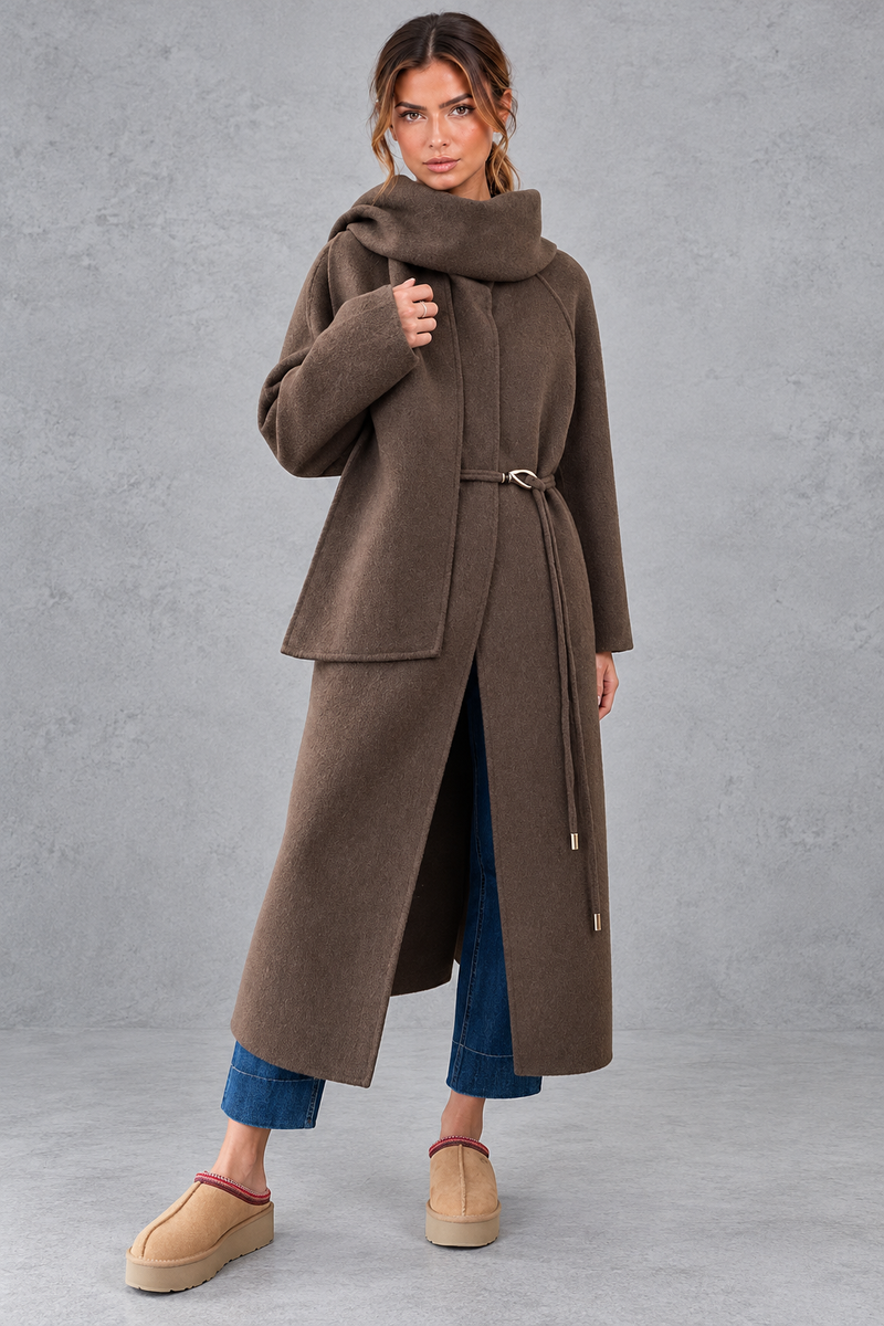 Women's belted wrap coat in Brown – front view