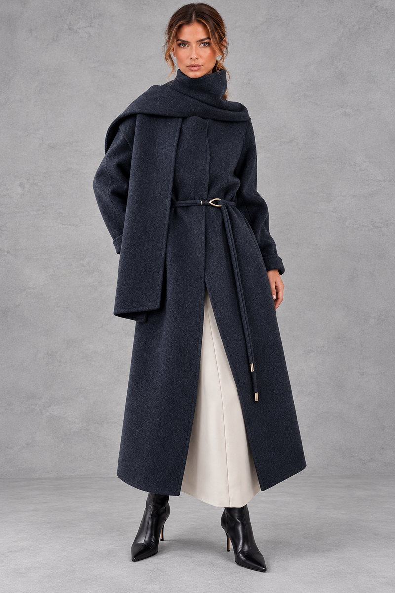 Women's belted wrap coat in Navy – front view