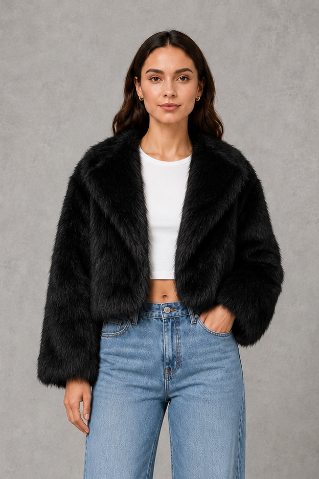 Women’s black faux fur coat with a soft plush texture, refined tailored silhouette and elegant finish for autumn and winter styling.