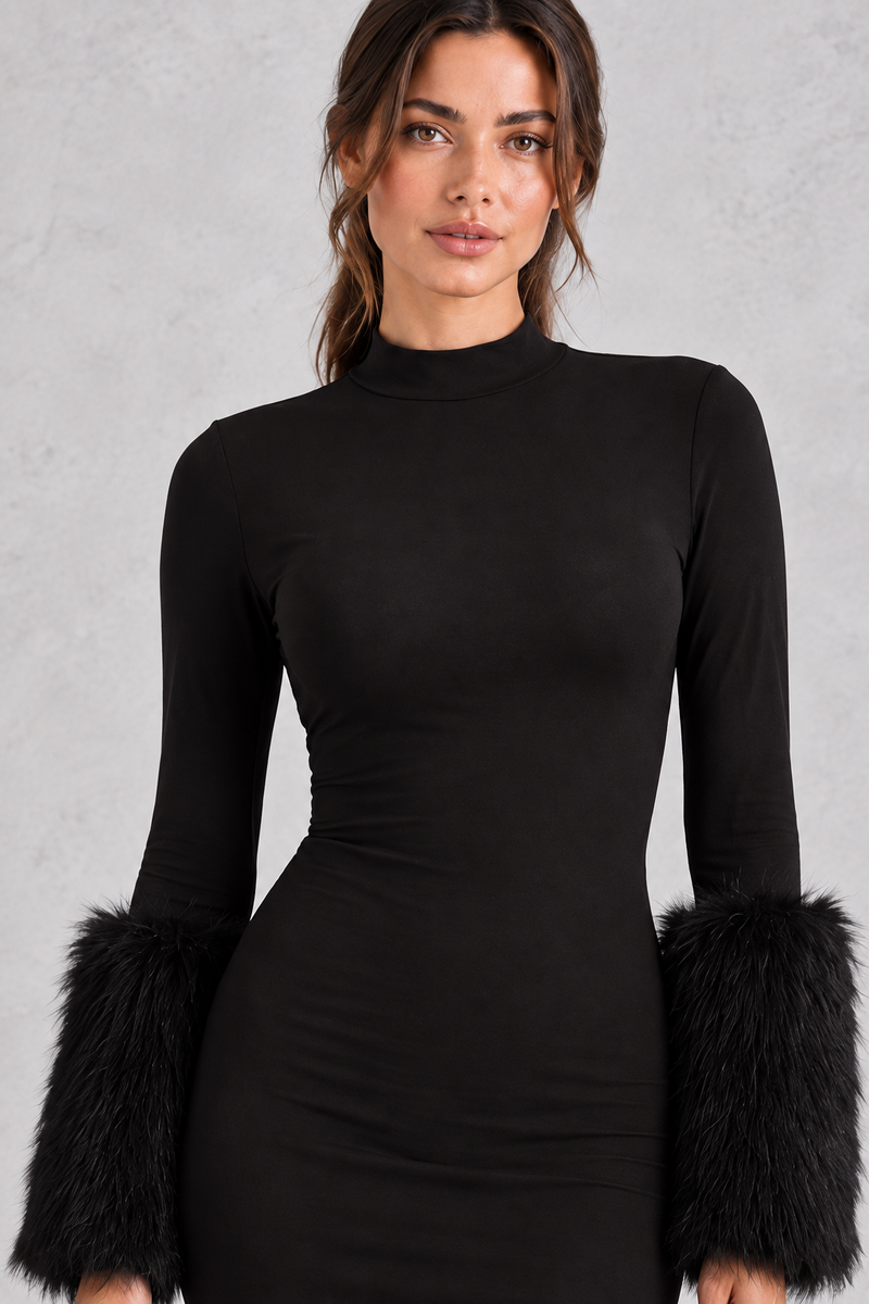 Women’s Black Faux Fur Long Sleeve Mini Party Dress