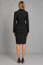 Women's elegant tailored two-piece co-ord set featuring a single-breasted blazer with lapel collar and a figure-hugging bodycon pencil skirt, ideal for work, business meetings, formal occasions and evening wear.