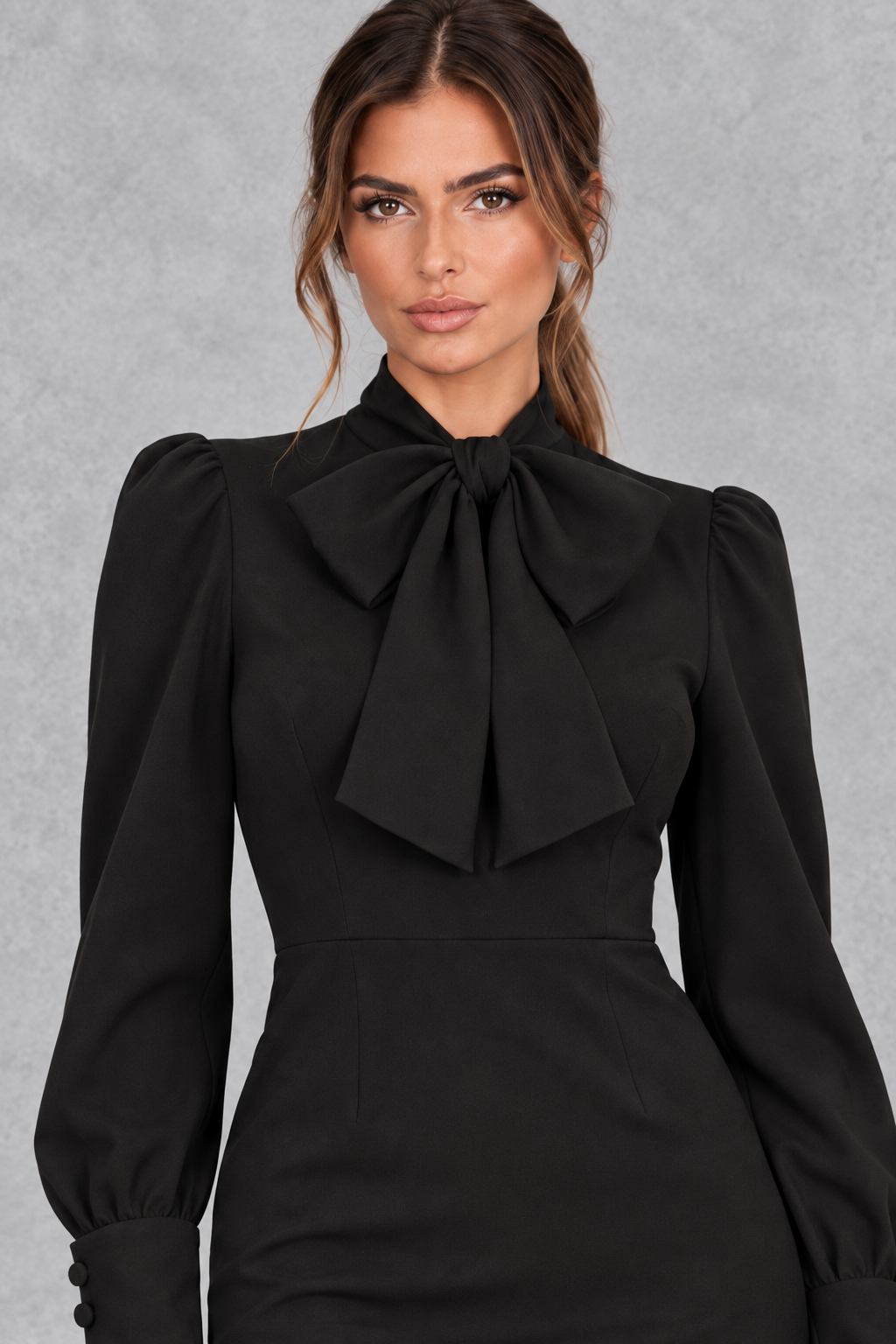 Women’s bow neck midi bodycon dress with elegant tie detailing, long puff sleeves and a sleek fitted silhouette.