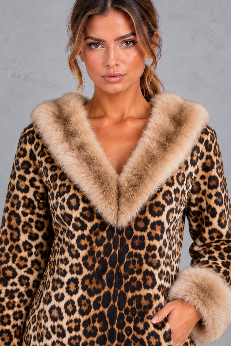 Women’s brown leopard print mini dress with a V-neckline, long sleeves, contrast faux fur detailing and a streamlined silhouette.
