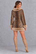 Women’s brown leopard print mini dress with a V-neckline, long sleeves, contrast faux fur detailing and a streamlined silhouette.