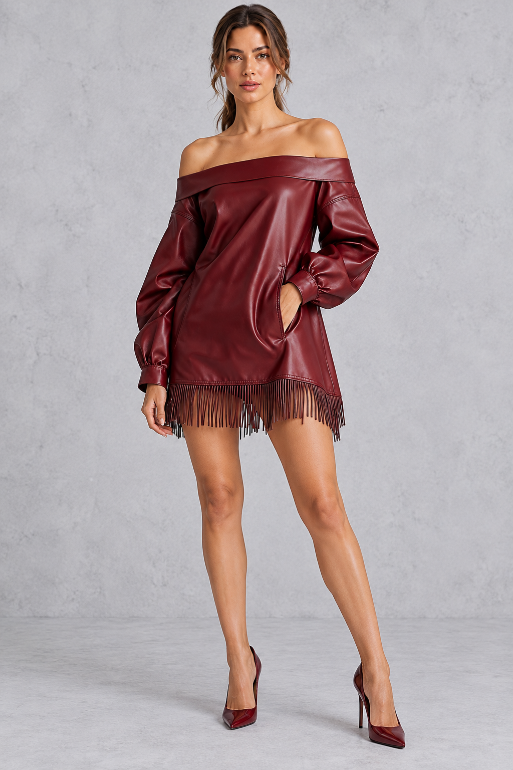 Women’s burgundy faux leather off-shoulder fringe mini dress with tassel hem – image 1