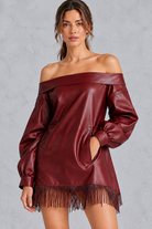 Women’s burgundy faux leather off-shoulder fringe mini dress with tassel hem – image 3