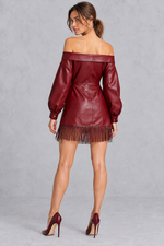 Women’s burgundy faux leather off-shoulder fringe mini dress with tassel hem – image 4
