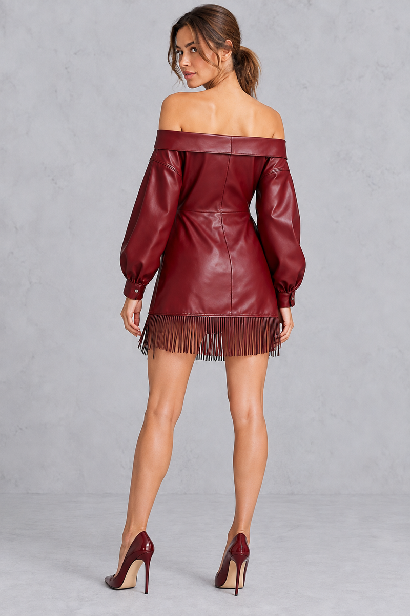 Women’s burgundy faux leather off-shoulder fringe mini dress with tassel hem – image 4