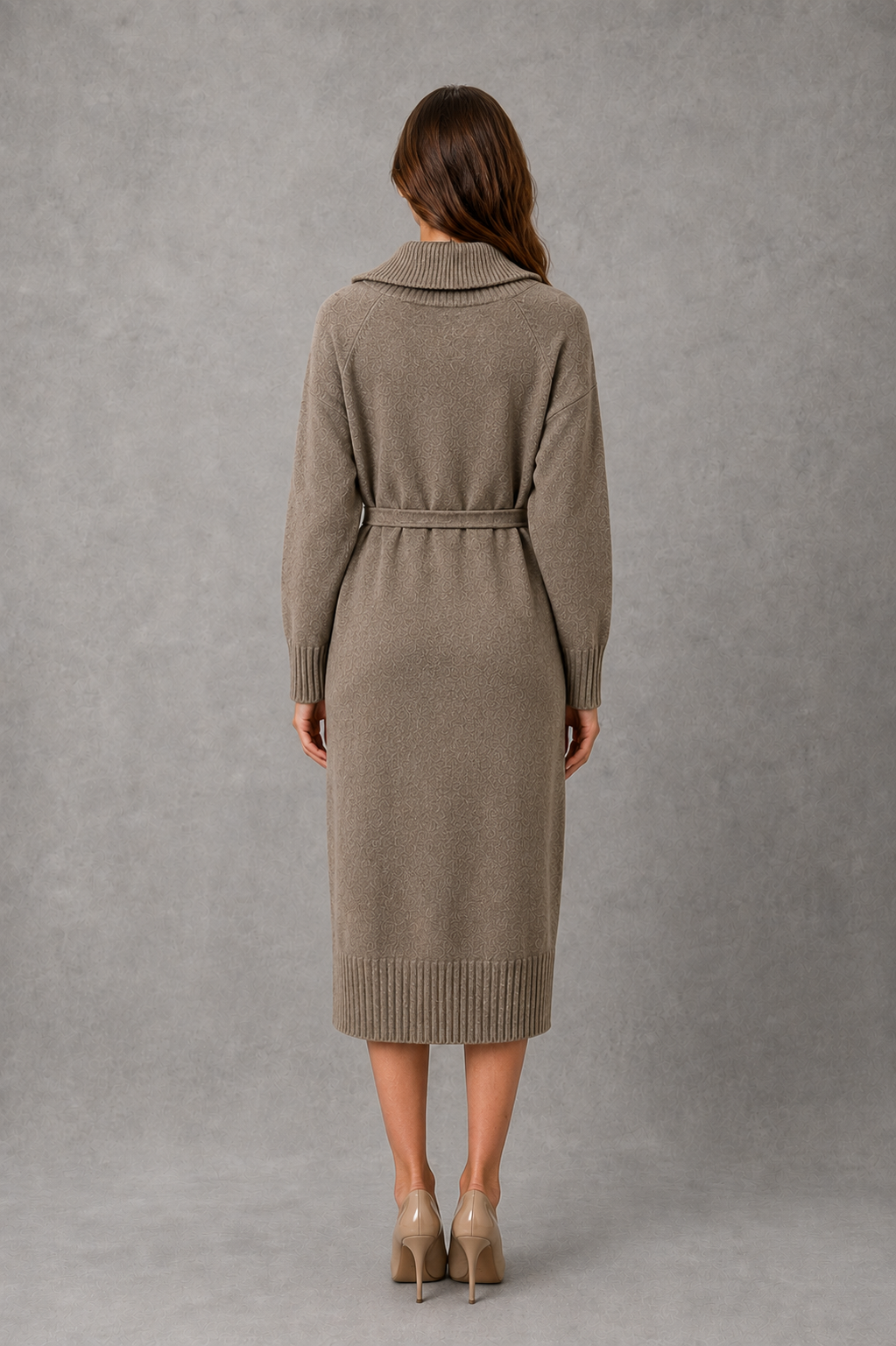 Women’s turtleneck knitted sweater dress with decorative button neckline, long sleeves and adjustable tie waist for autumn and winter.