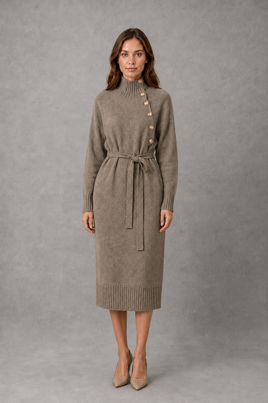 Women’s turtleneck knitted sweater dress with decorative button neckline, long sleeves and adjustable tie waist for autumn and winter.